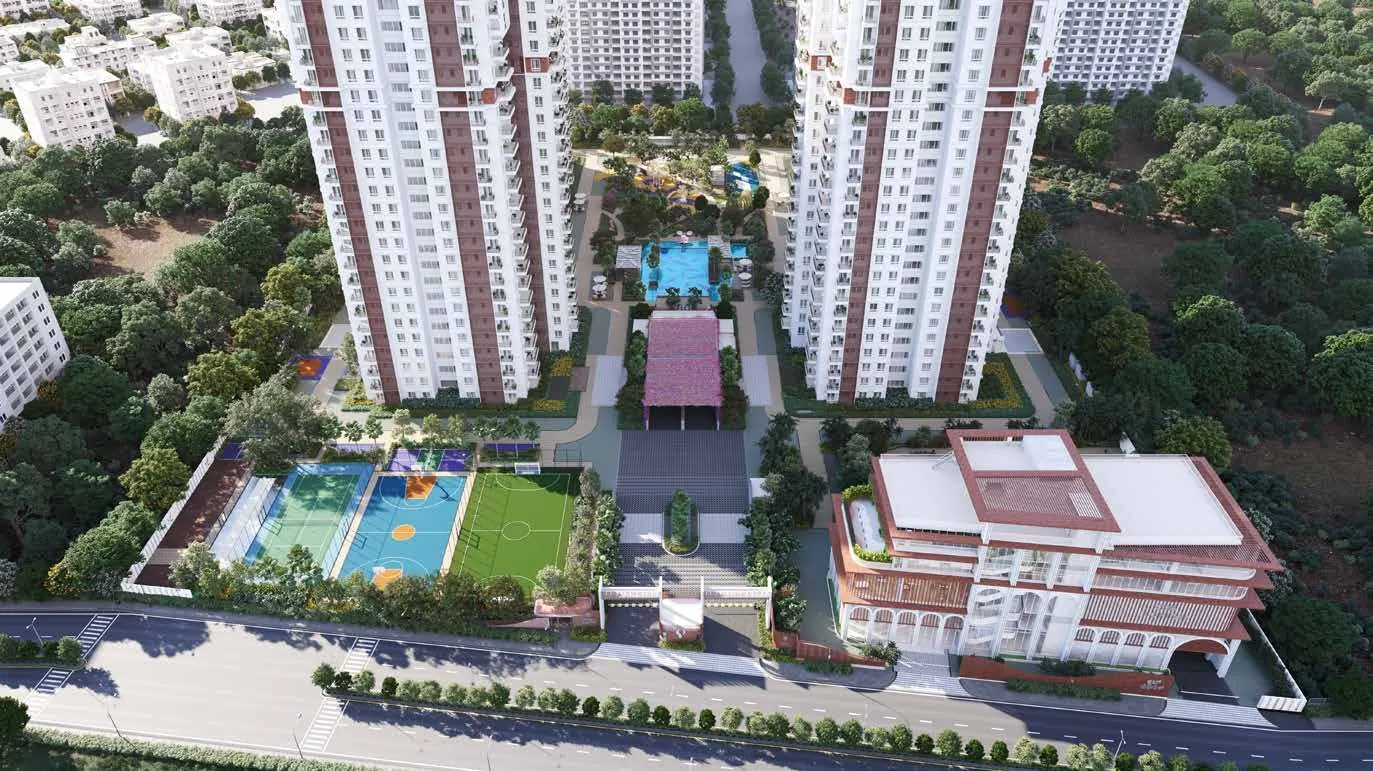 An aerial view of Poulomi Florique’s four towers around the landscaped podium, clubhouse and sports courts.