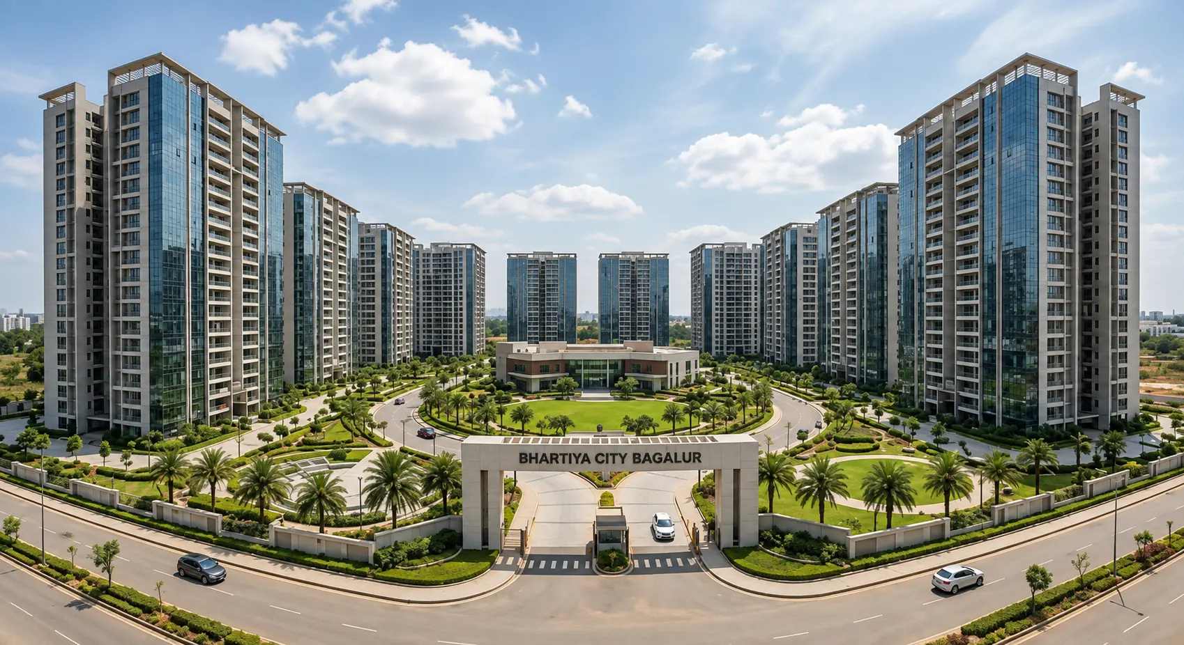 An aerial view of Bhartiya City: glass towers around a landscaped central green behind the township gateway.