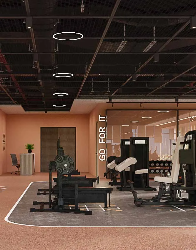 Cardio and strength equipment beside full-height windows in the clubhouse gym.