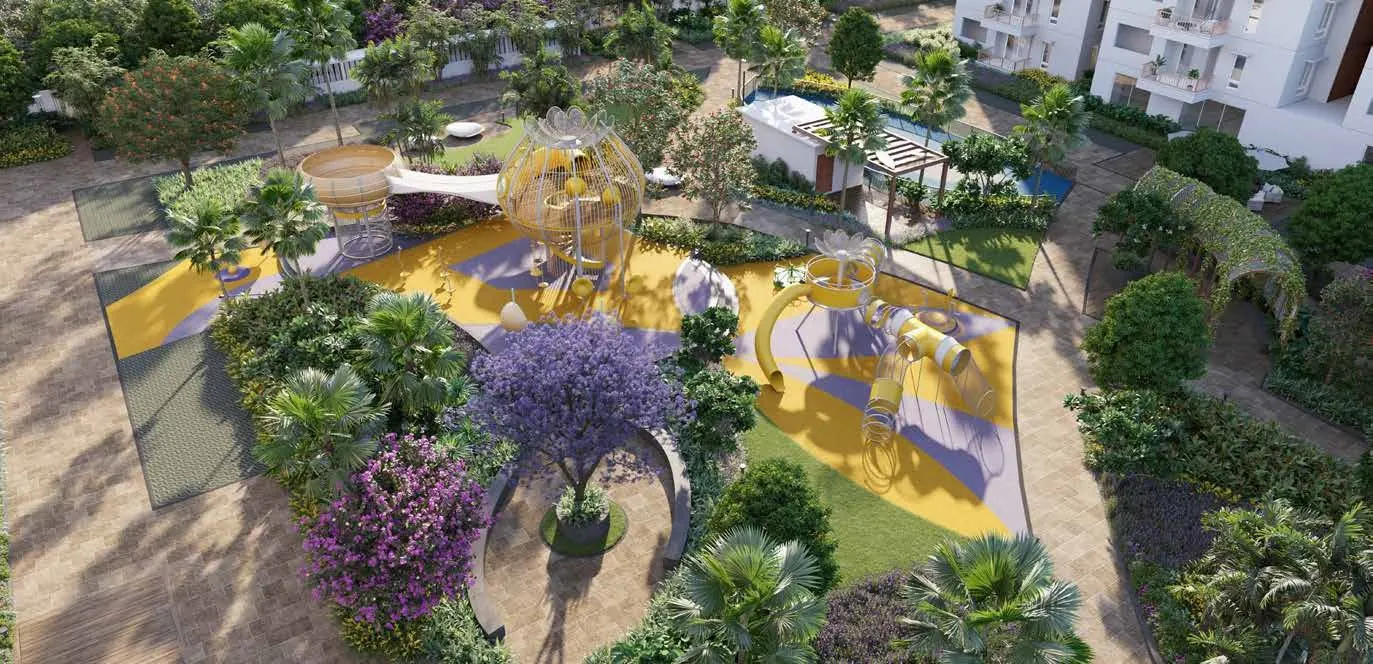 Children’s slides and climbing frames set among trees on the landscaped podium.