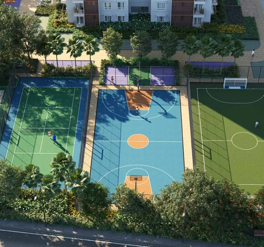 Outdoor basketball, tennis and futsal courts within the residential grounds.