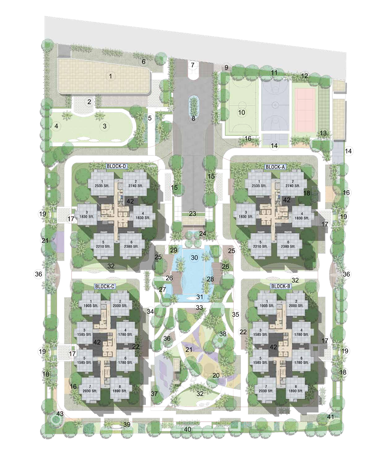 Poulomi Florique site masterplan showing the garden, four towers, clubhouse and sports courts.
