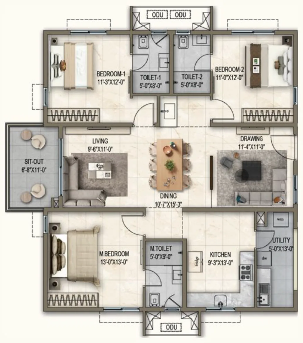 Alpine & Dewdrop, Unit 03: 1,830 sq ft, 3 BHK / 3T, West facing floor plan.